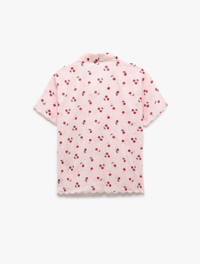 Pamuklu Gömlek Yaka Kiraz Desenli Kısa Kollu Pijama Üstü_3