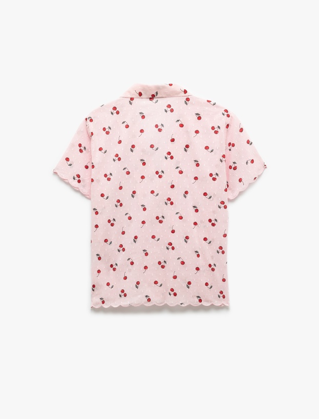 Pamuklu Gömlek Yaka Kiraz Desenli Kısa Kollu Pijama Üstü_3
