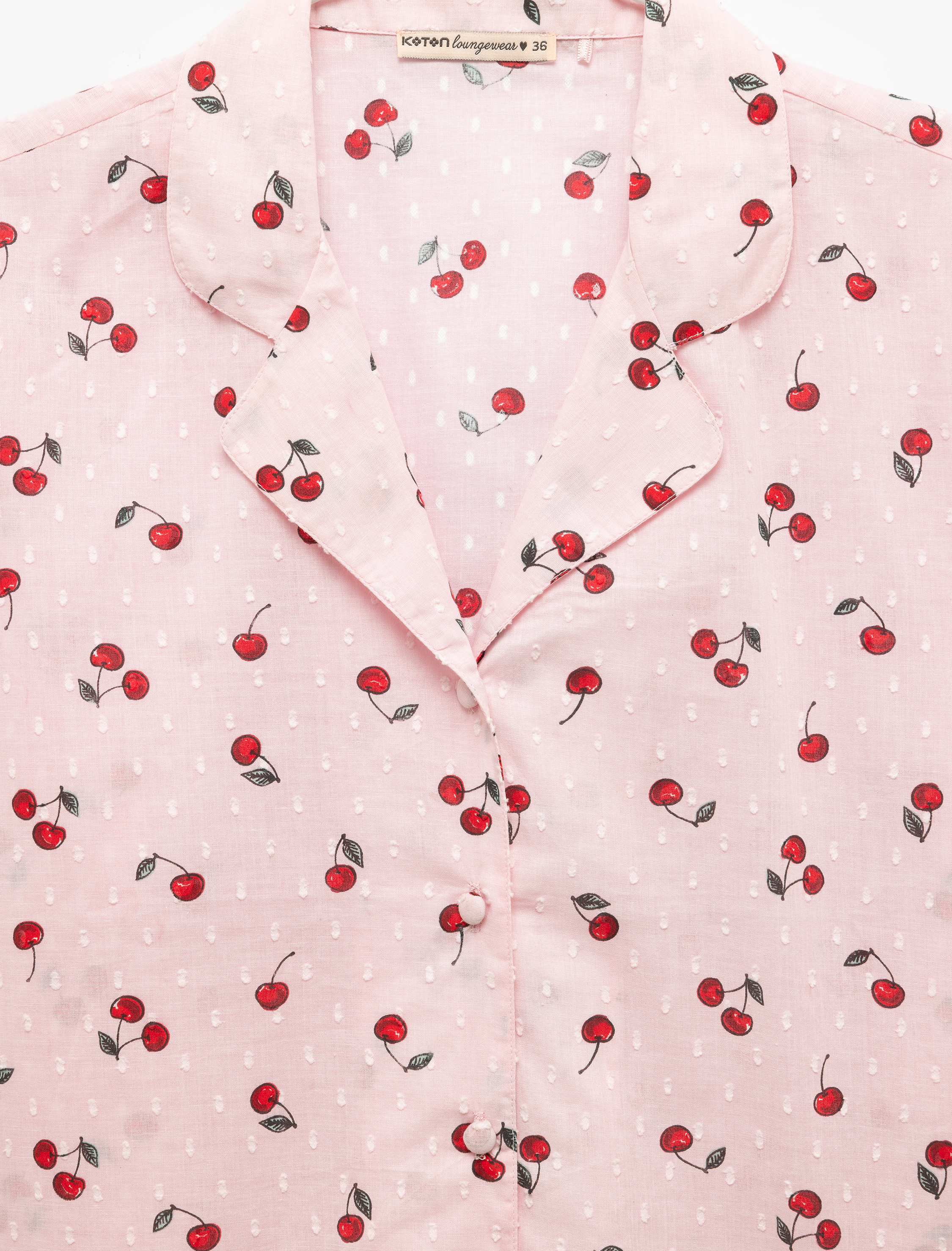   Pamuklu Gömlek Yaka Kiraz Desenli Kısa Kollu Pijama Üstü