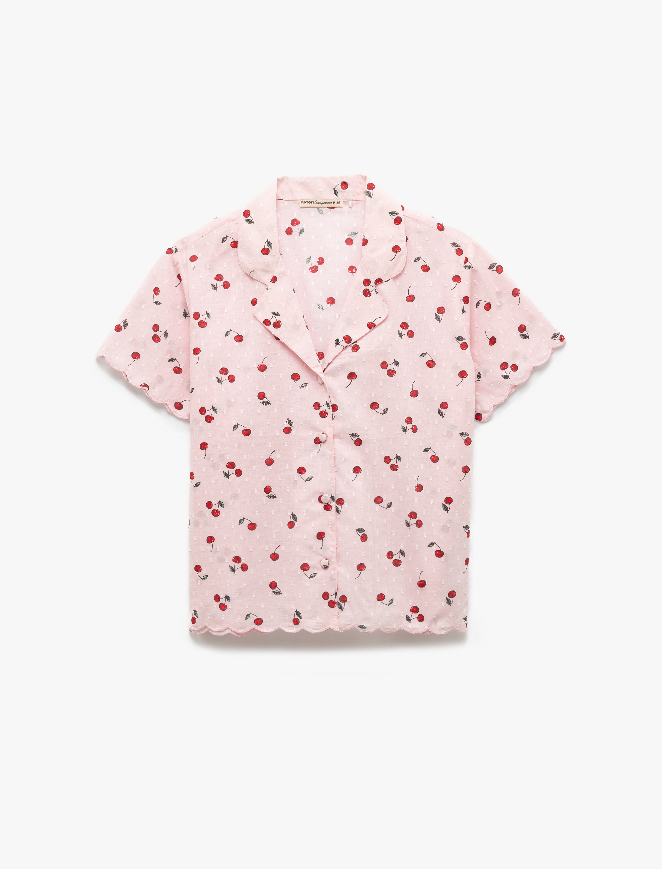   Pamuklu Gömlek Yaka Kiraz Desenli Kısa Kollu Pijama Üstü