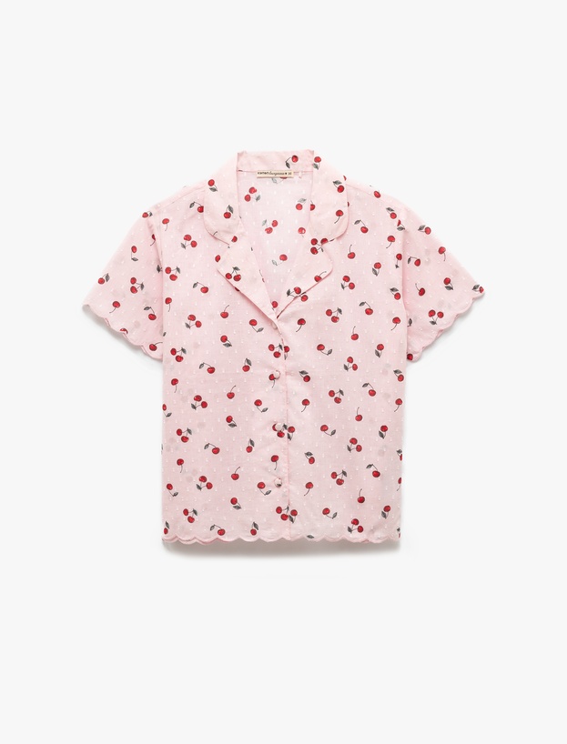 Pamuklu Gömlek Yaka Kiraz Desenli Kısa Kollu Pijama Üstü_2