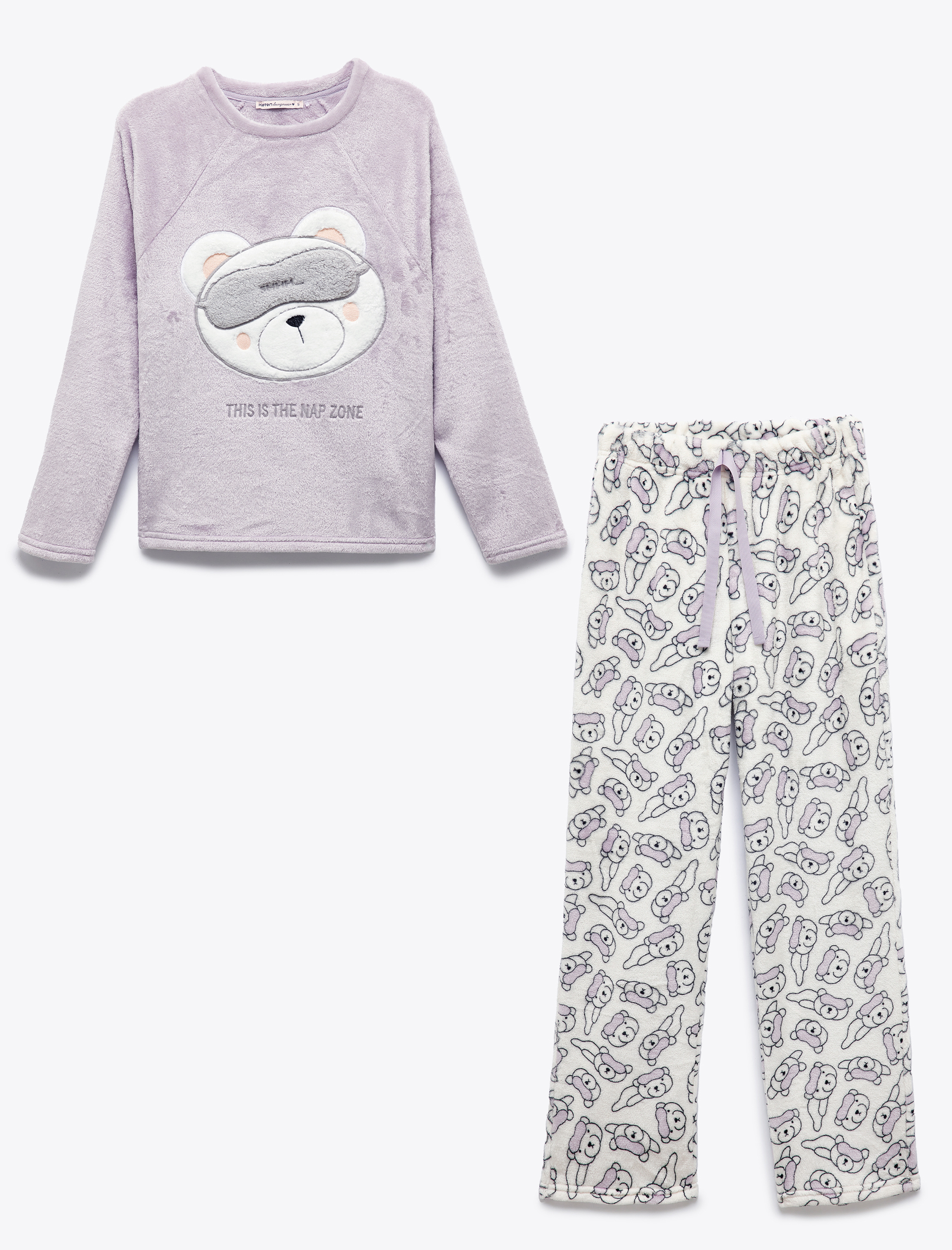   Rahat Kalıp Ayıcık Aplike Detaylı Uzun Kollu Peluş Polar Pijama Takımı