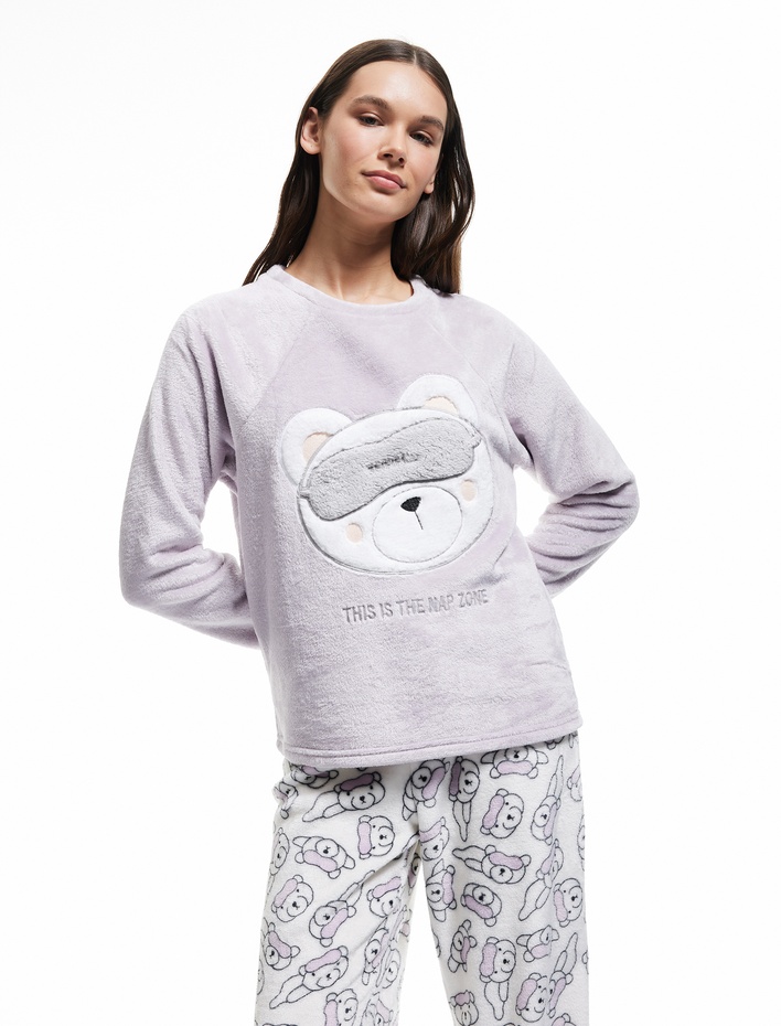  Rahat Kalıp Ayıcık Aplike Detaylı Uzun Kollu Peluş Polar Pijama Takımı
