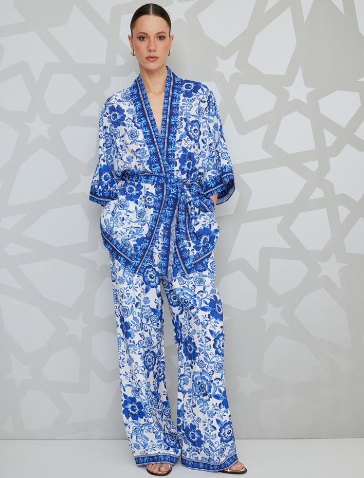  Çiçek Desenli Uzun Kemerli Kimono Ceket