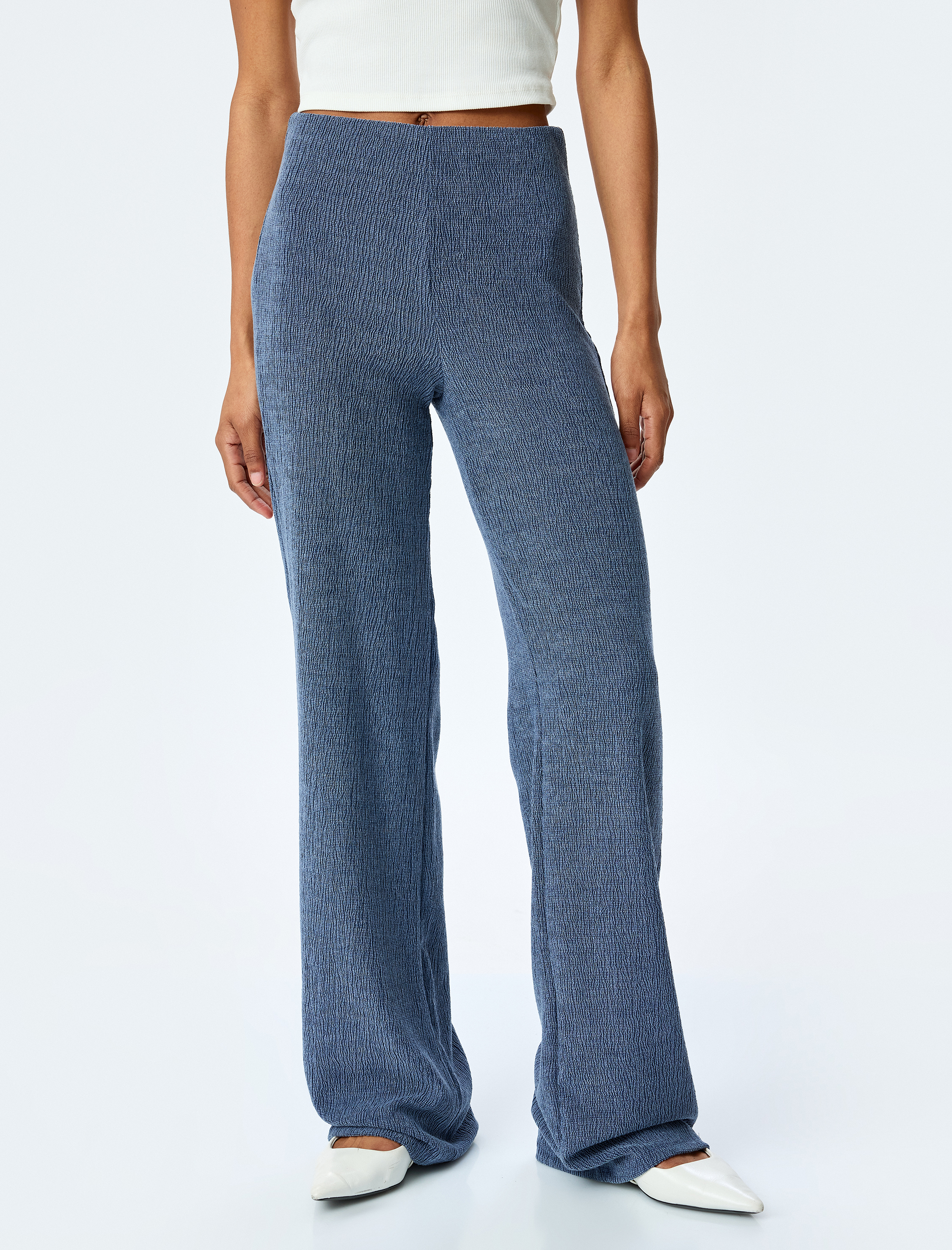 Slim Fit Dokulu Yüksek Bel Bol Paça Pantolon