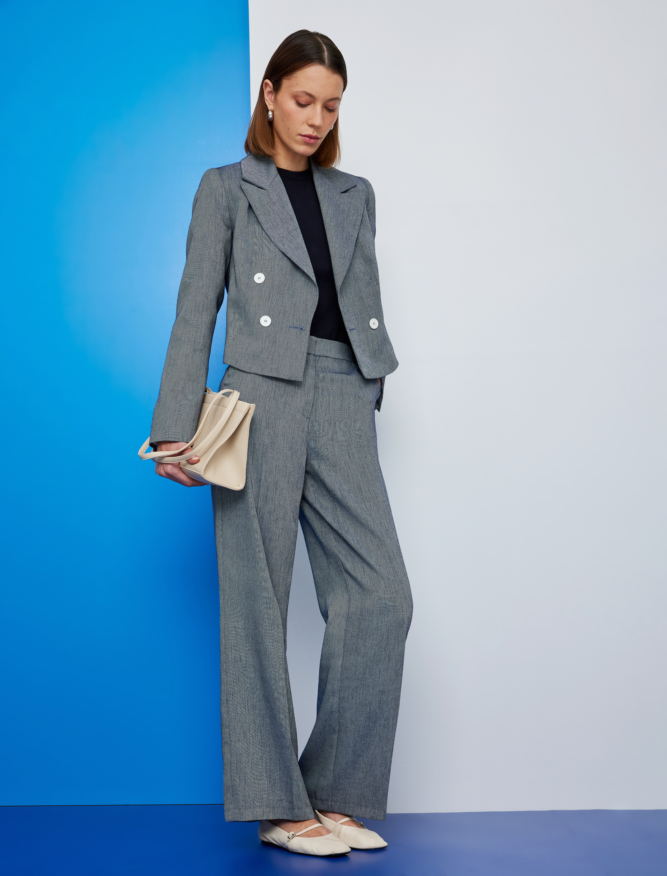   Cepli Düşük Bel Geniş Paça Kadın Kumaş Pantolon