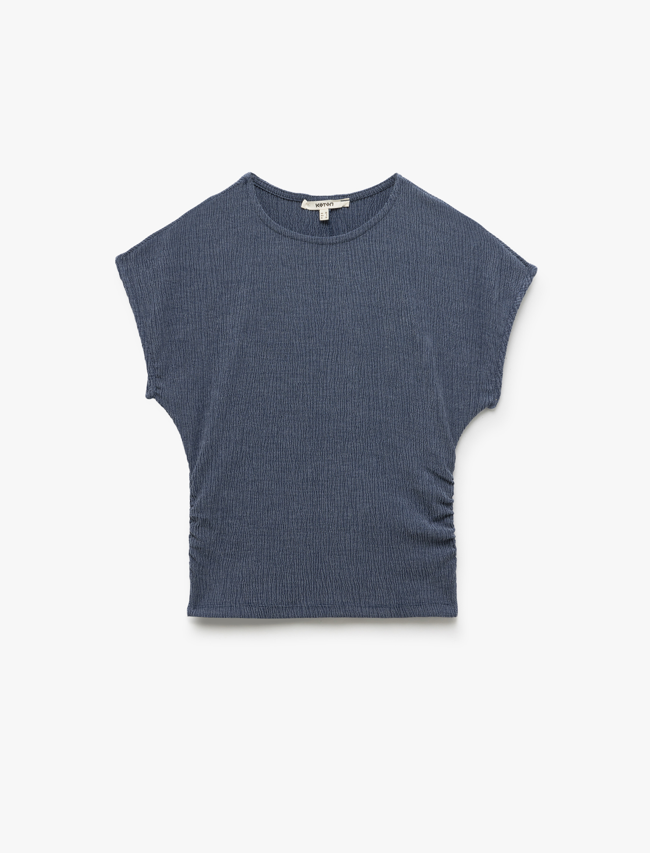   Drape Detaylı Kısa Yarasa Kollu Bisiklet Yaka Slim Fit Dokulu Tişört