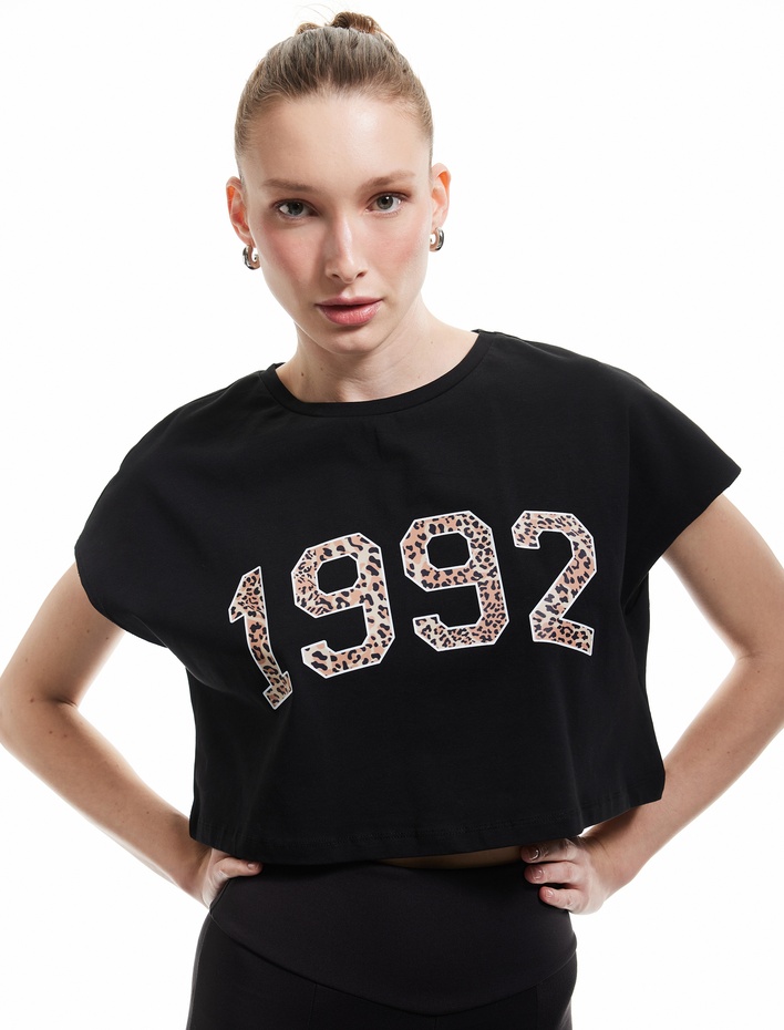  Baskılı Kolsuz Bisiklet Yaka Pamuklu Crop  Spor Tişört