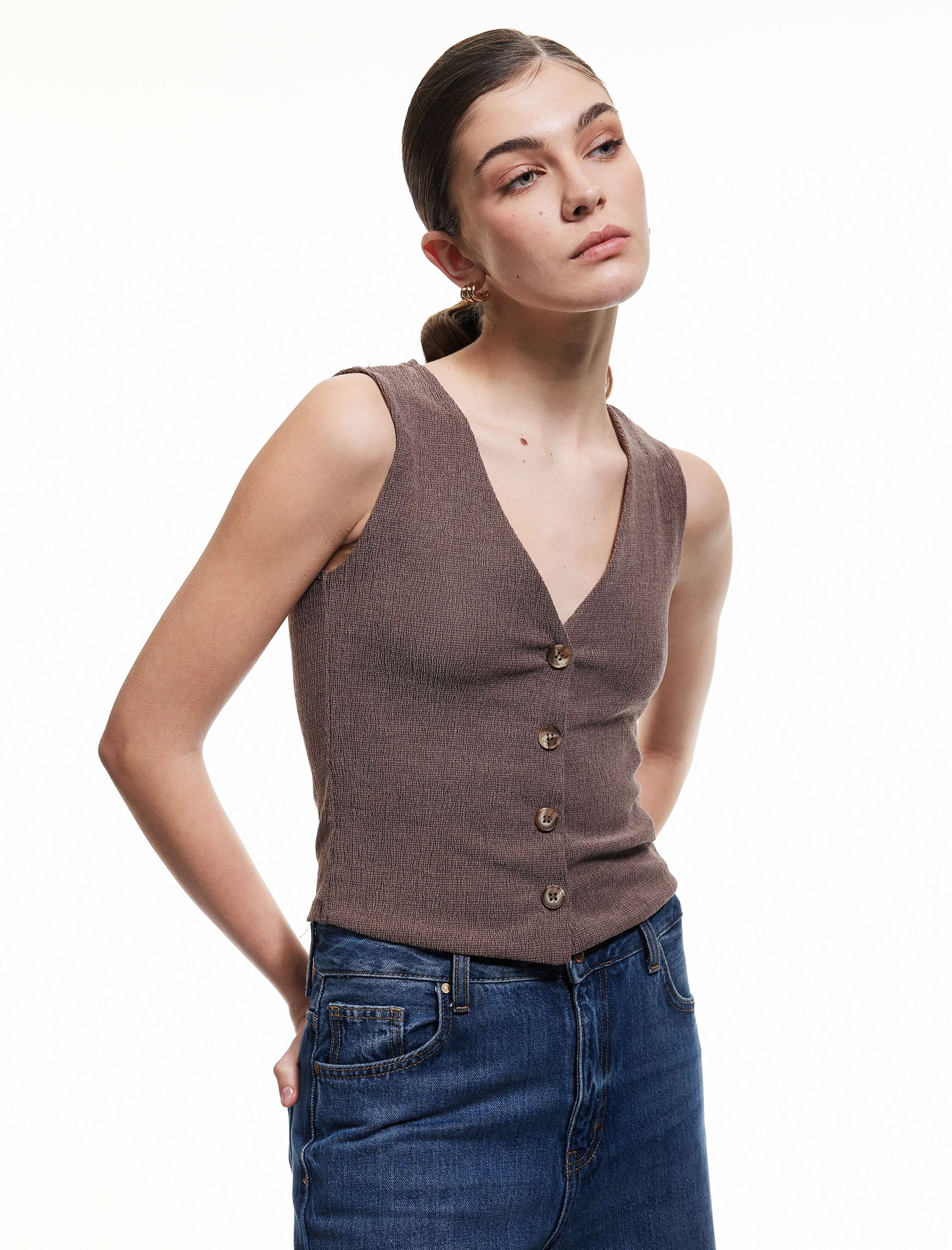 Koton Kadın Slim Fit Kolsuz Düğmeli V Yaka Yelek -1