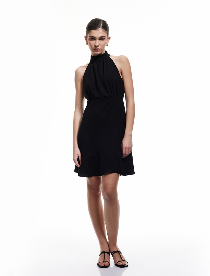  Aerobin Kumaş Kolsuz Halter Yaka Mini Elbise