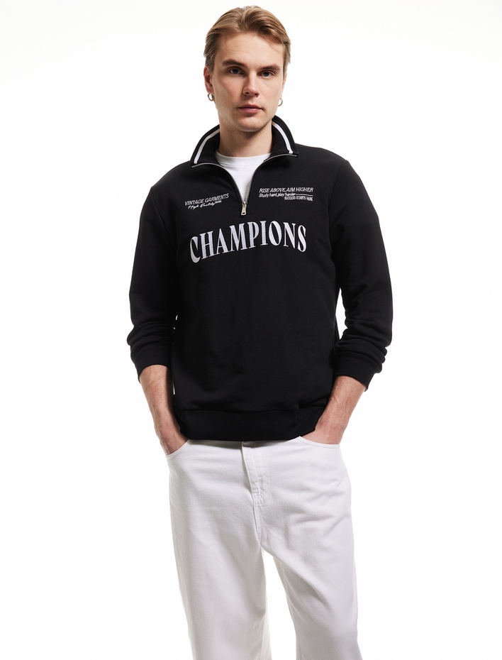  Yarım Fermuarlı İşlemeli Uzun Kollu Sweatshirt