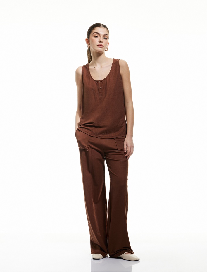  Viskon Karışımlı Beli Bağcıklı Düz Bol Paça Pantolon