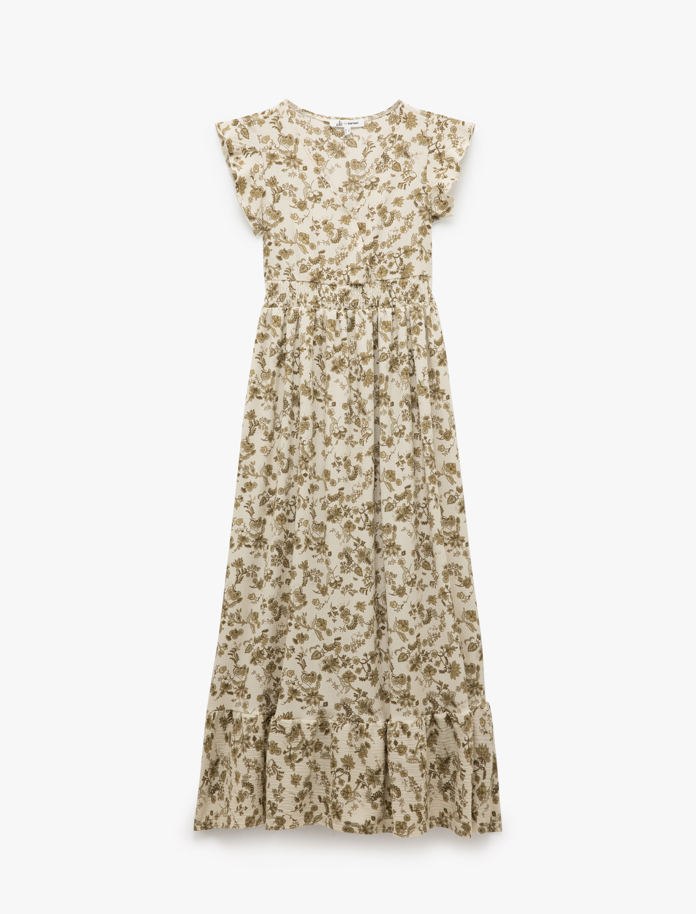   Kelebek Kol V Yaka Çiçekli Gipeli Volanlı Uzun Elbise Bürümcük