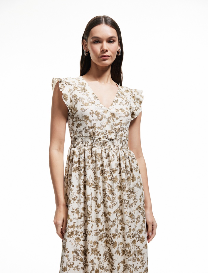  Kelebek Kol V Yaka Çiçekli Gipeli Volanlı Uzun Elbise Bürümcük