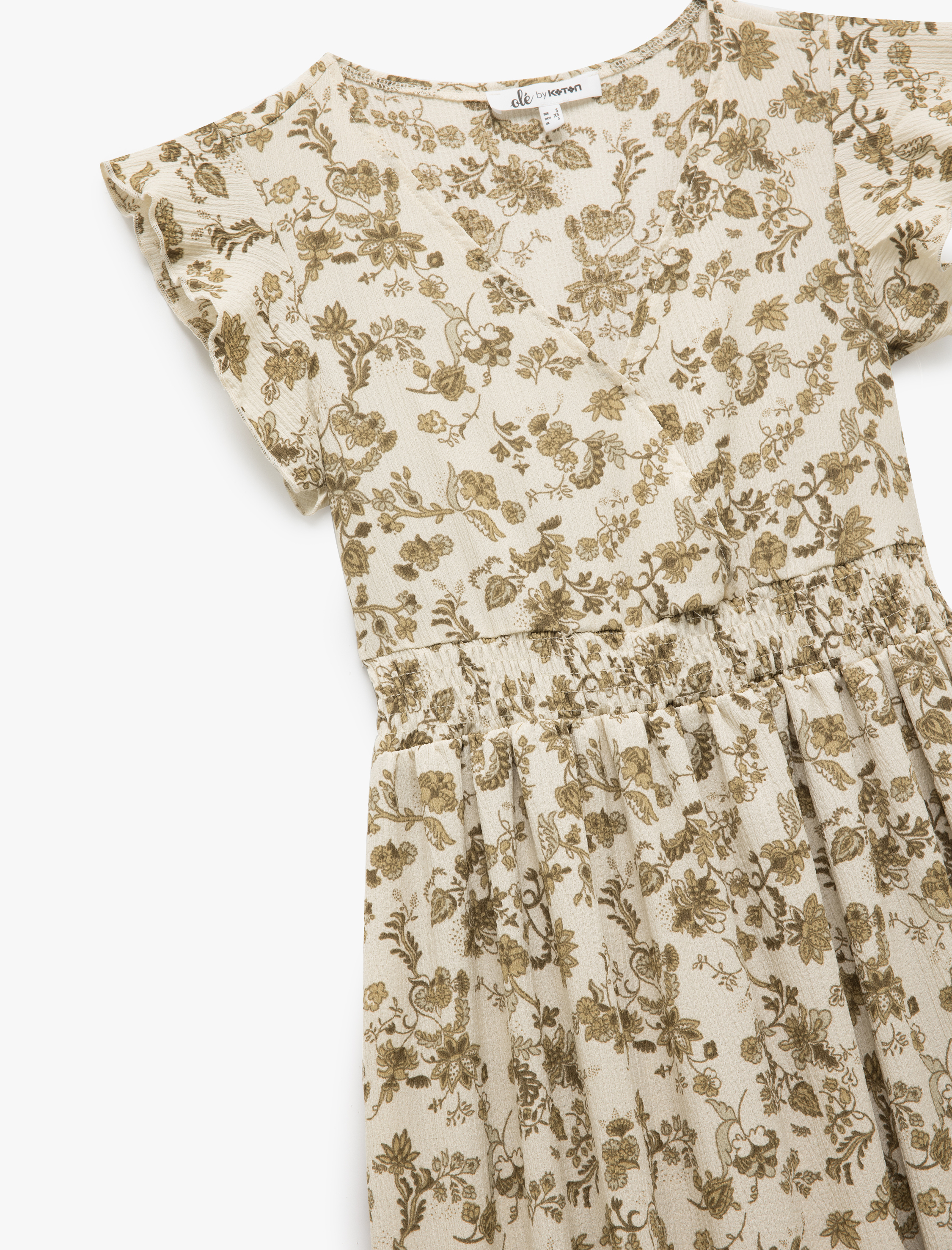   Kelebek Kol V Yaka Çiçekli Gipeli Volanlı Uzun Elbise Bürümcük