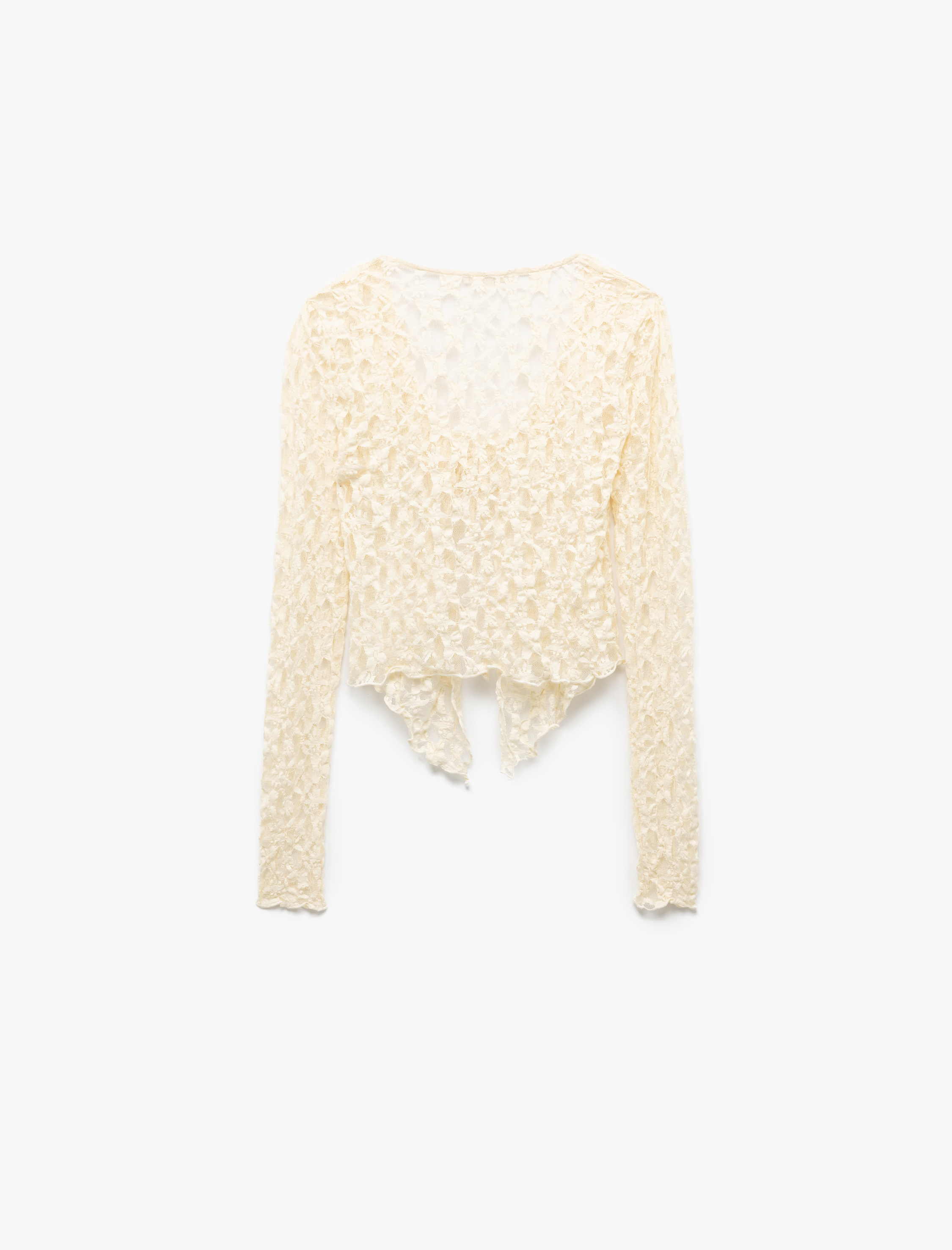   Önden Bağlama Detaylı Transparan Uzun Kollu V Yaka Fırfırlı Dantel Bluz