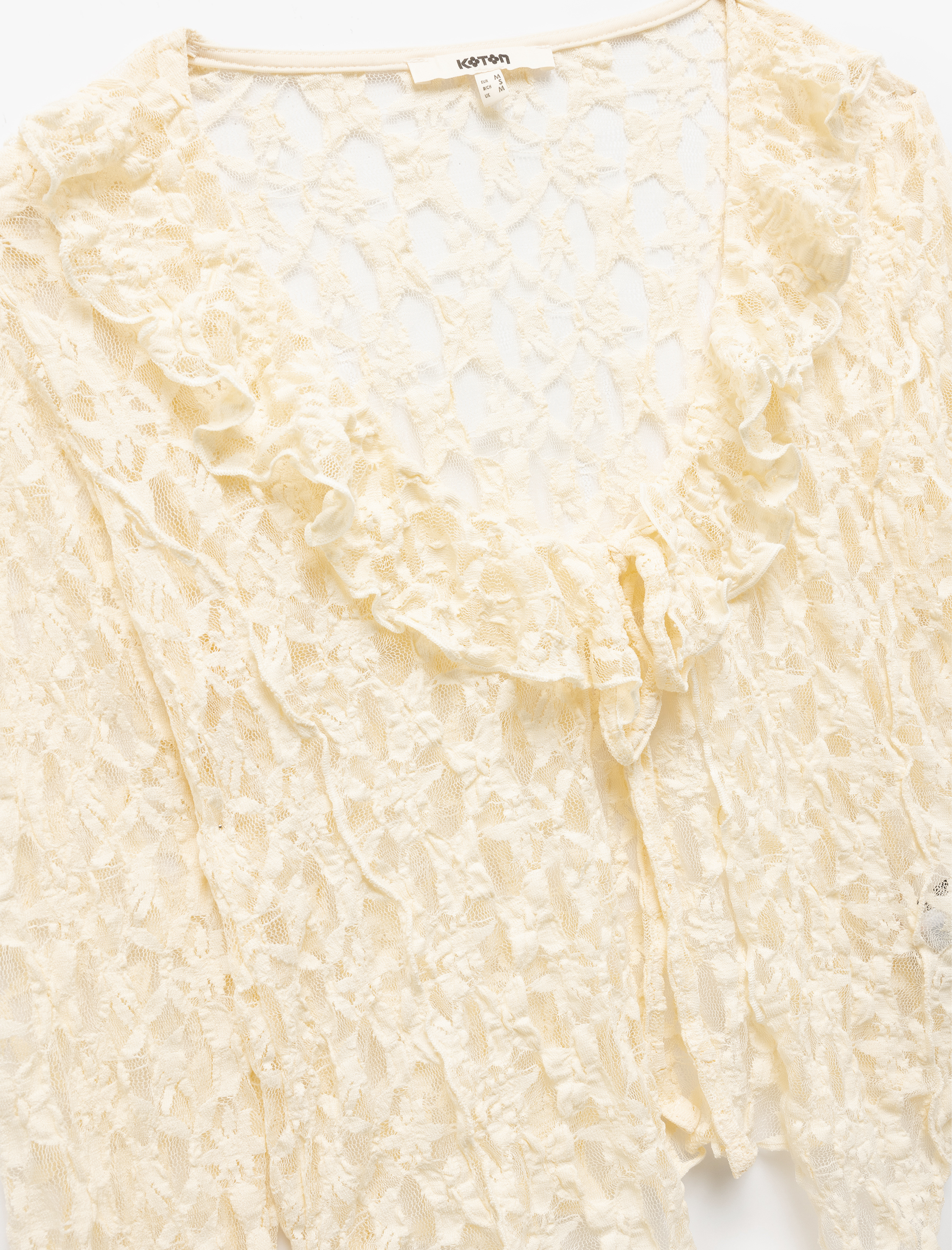   Önden Bağlama Detaylı Transparan Uzun Kollu V Yaka Fırfırlı Dantel Bluz