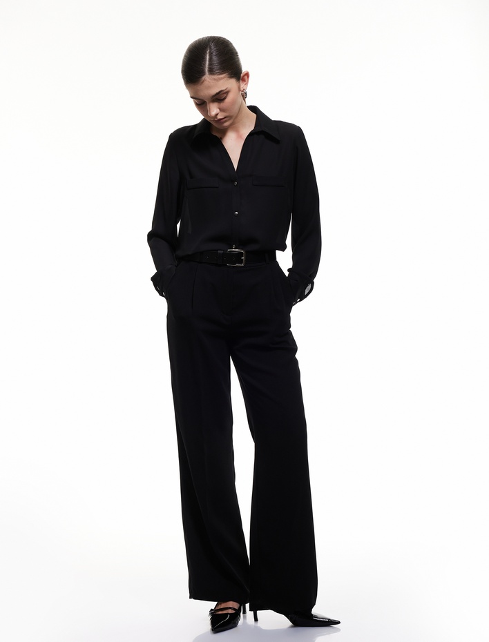  Klasik Yaka Düğmeli Krep Kumaş Uzun Kollu Gömlek