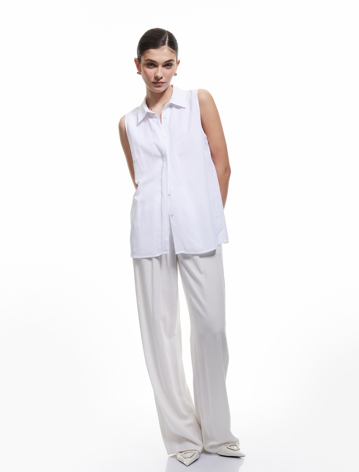  Klasik Yaka Viskon Keten Karışımlı Kolsuz Gömlek