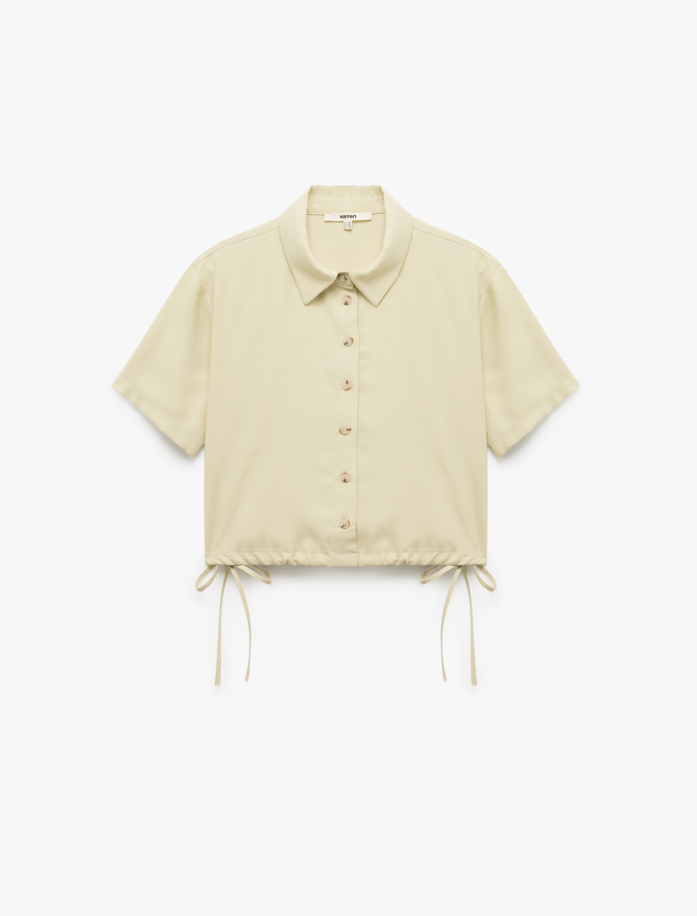   Viskon Klasik Yaka Beli Bağcıklı Kısa Kollu Crop Gömlek