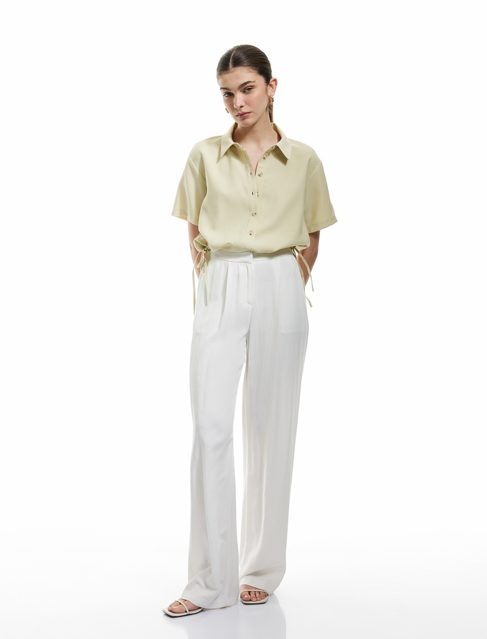  Viskon Klasik Yaka Beli Bağcıklı Kısa Kollu Crop Gömlek