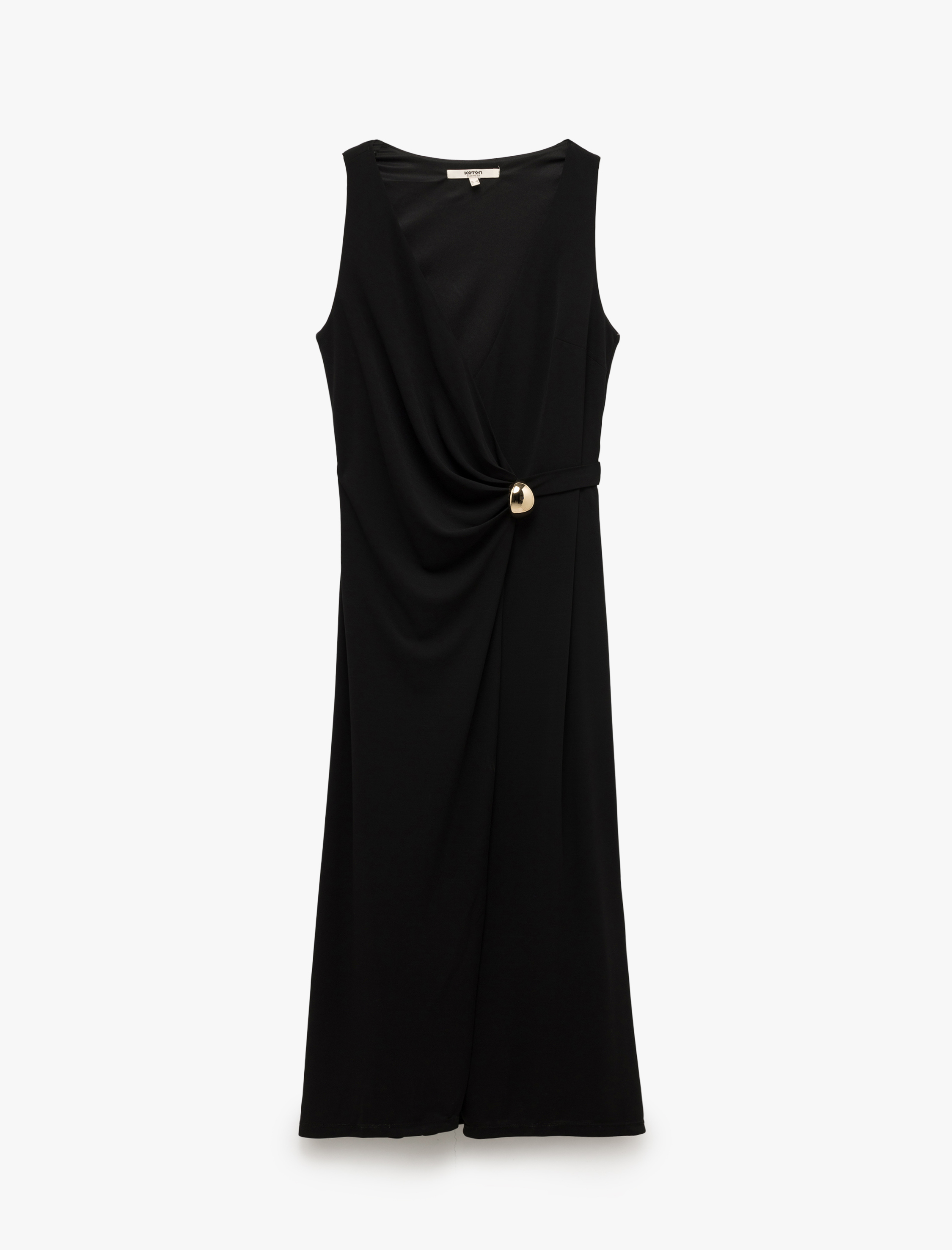   Metal Aksesuar Detaylı Kolsuz V Yaka Uzun Kruvaze Elbise