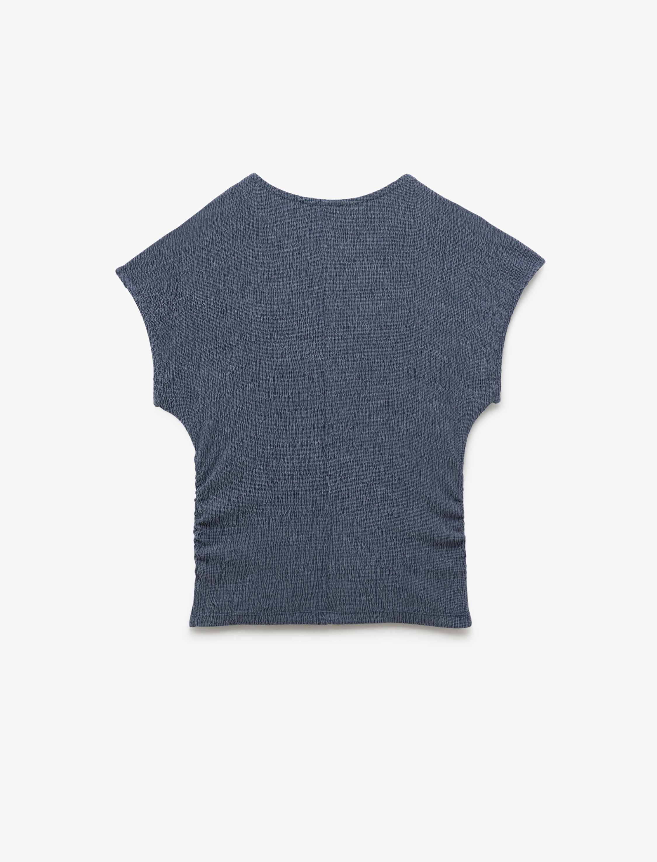   Drape Detaylı Kısa Yarasa Kollu Bisiklet Yaka Slim Fit Dokulu Tişört