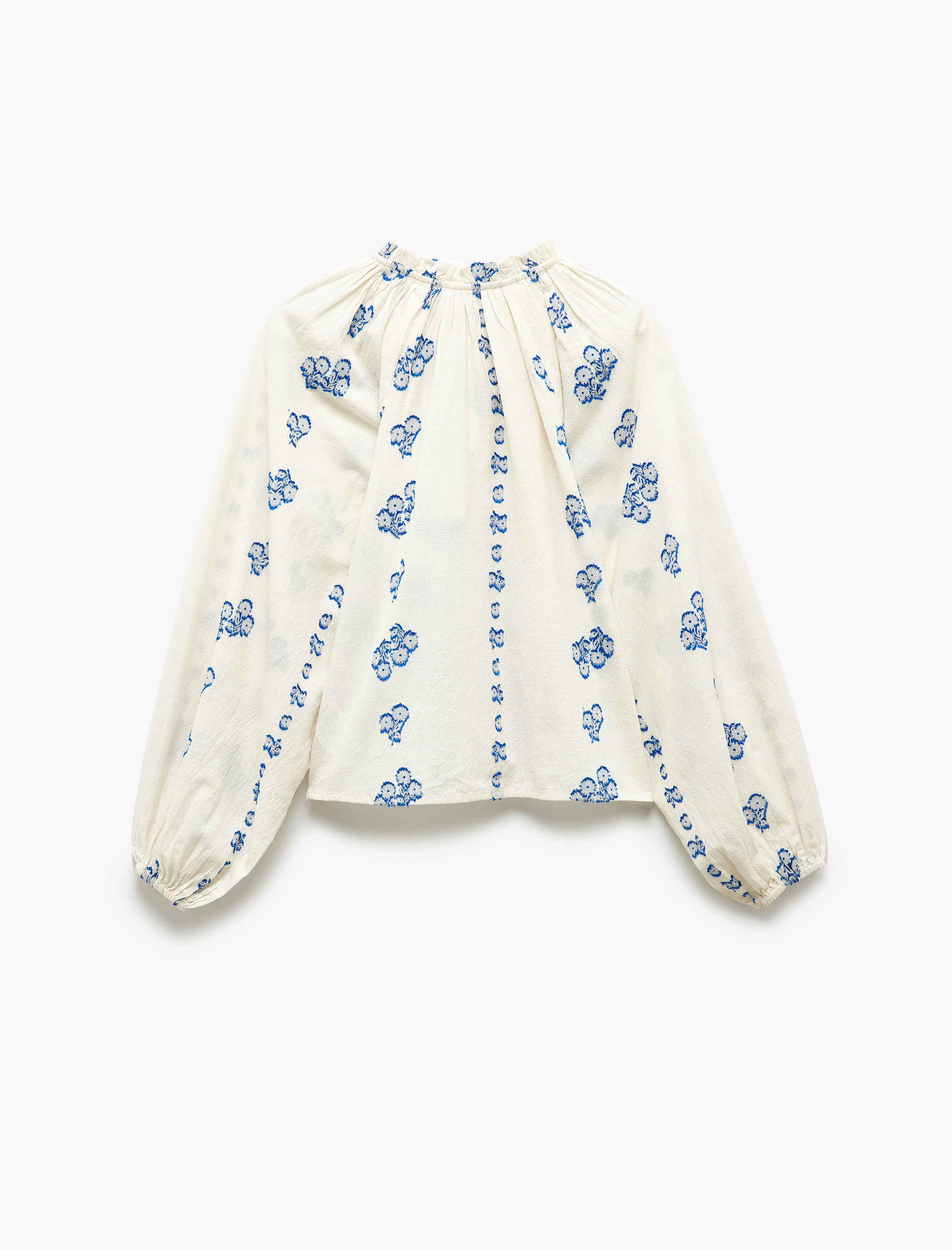 Pamuklu Bağlamalı Yaka Uzun Balon Kollu Fistolu Çiçekli Bluz