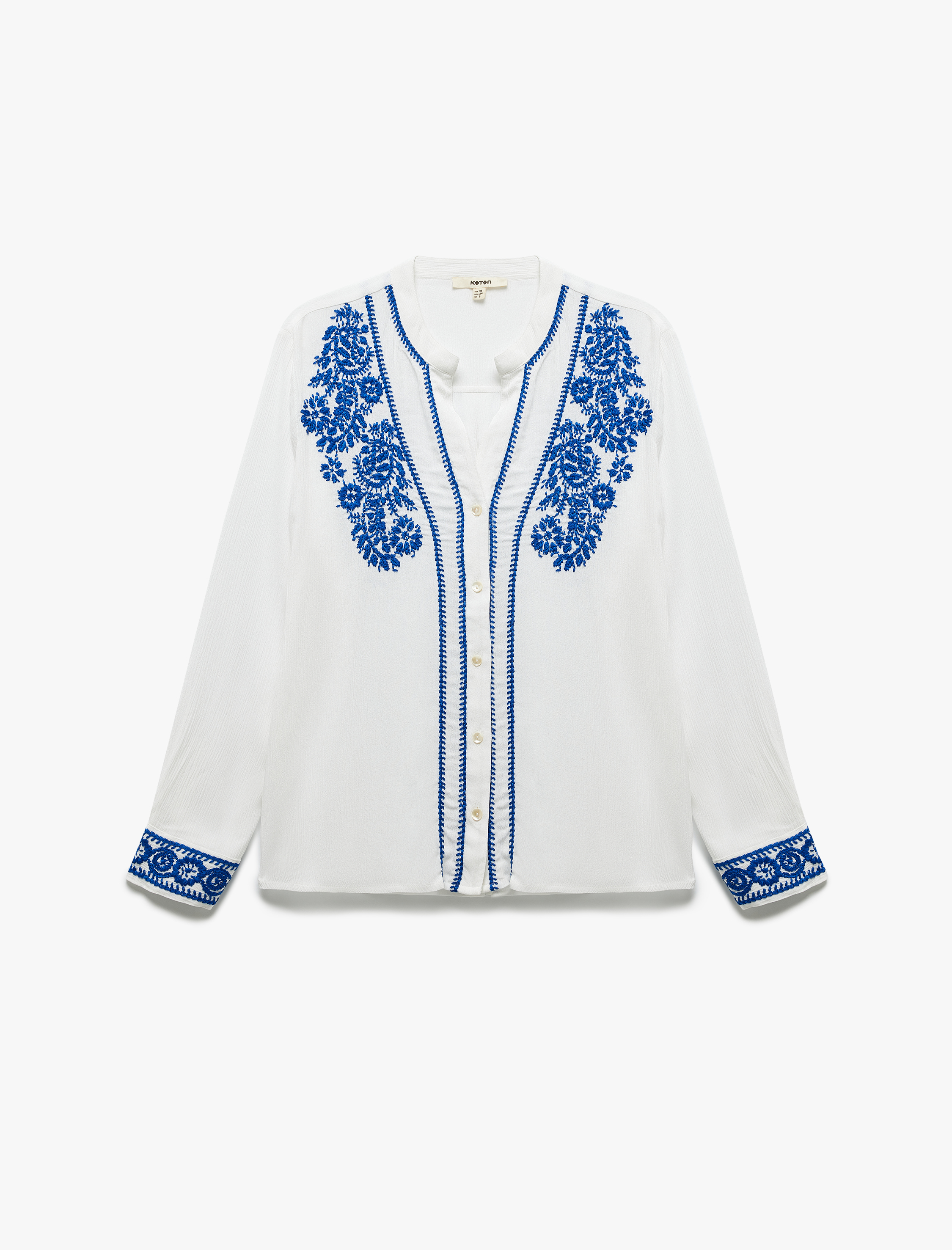   Uzun Kollu Hakim Yaka Viskon Nakış Detaylı Çiçekli Gömlek