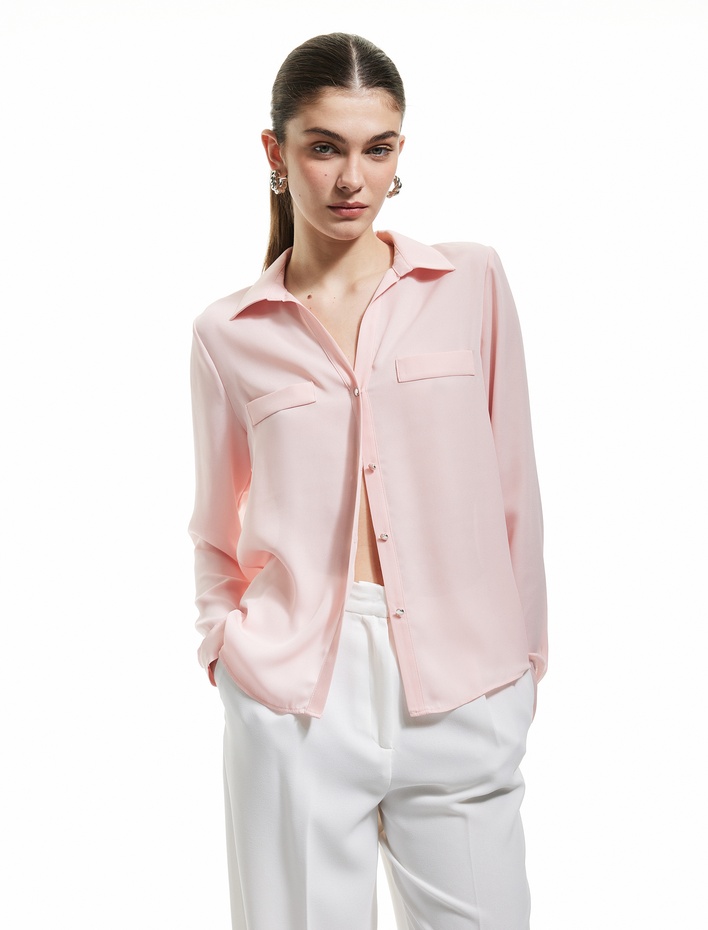  Klasik Yaka Düğmeli Krep Kumaş Uzun Kollu Gömlek