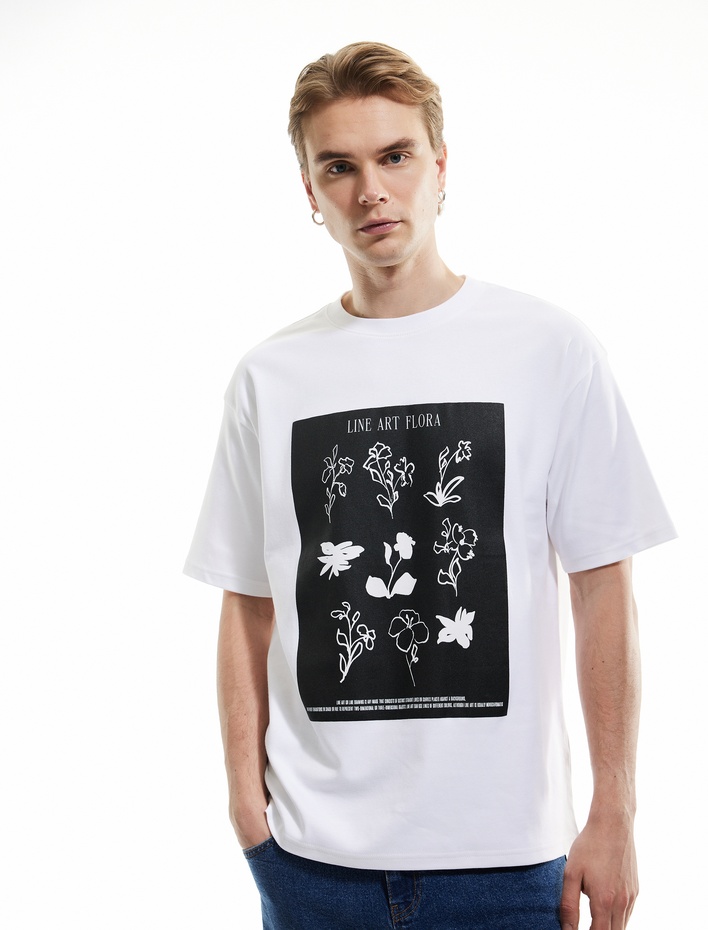  Kısa Kollu Pamuklu Tok Kumaş Bisiklet Yaka Çiçek Baskılı Oversize Tişört