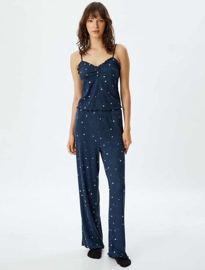 Askılı Fitilli Pijama Üstü Yıldız Baskılı Fırfır ve Düğme Detaylı