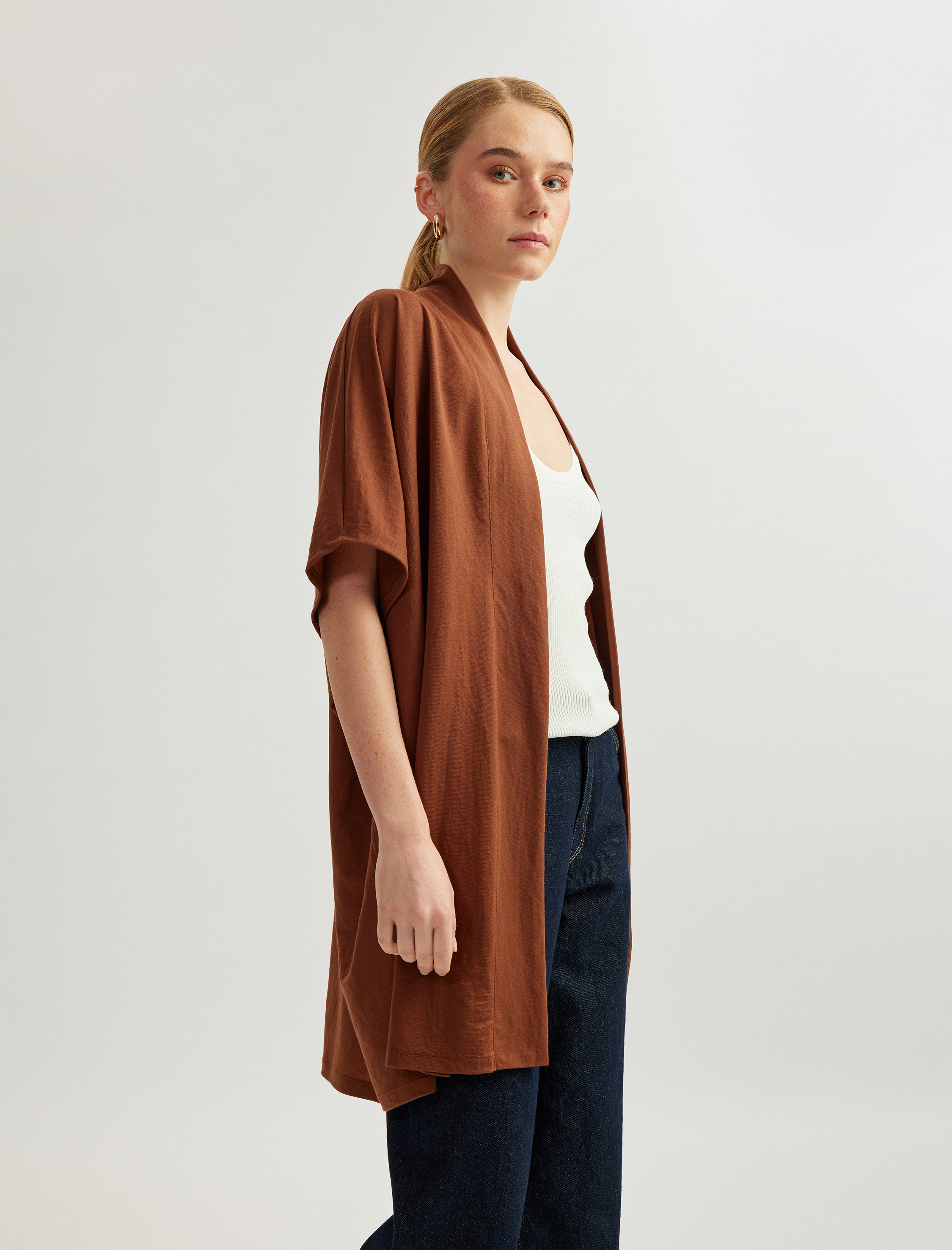   Viskon Kumaş Karışımlı Kısa Kollu Rahat Kalıp Kimono Ceket