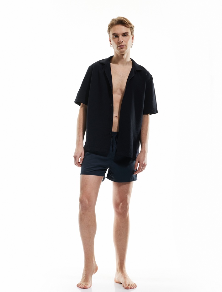  Şerit Detaylı Beli Bağcıklı Oversize Deniz Şortu