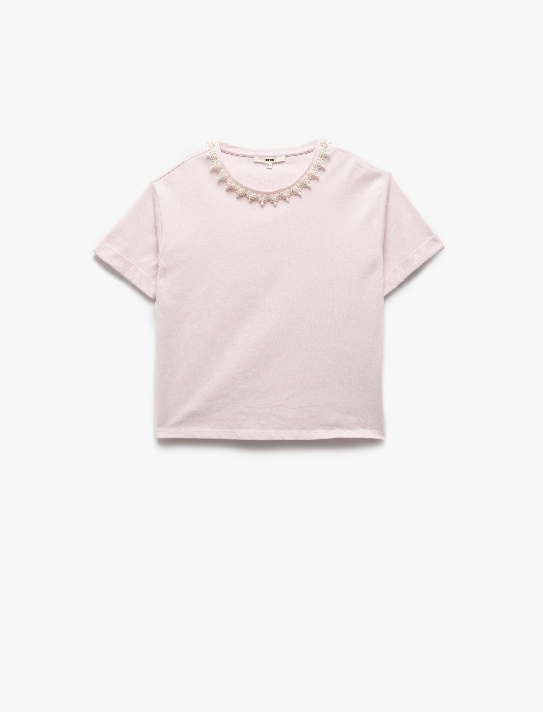   Rahat Kalıp Pamuklu İnci Detaylı Kısa Kollu Bisiklet Yaka Tişört