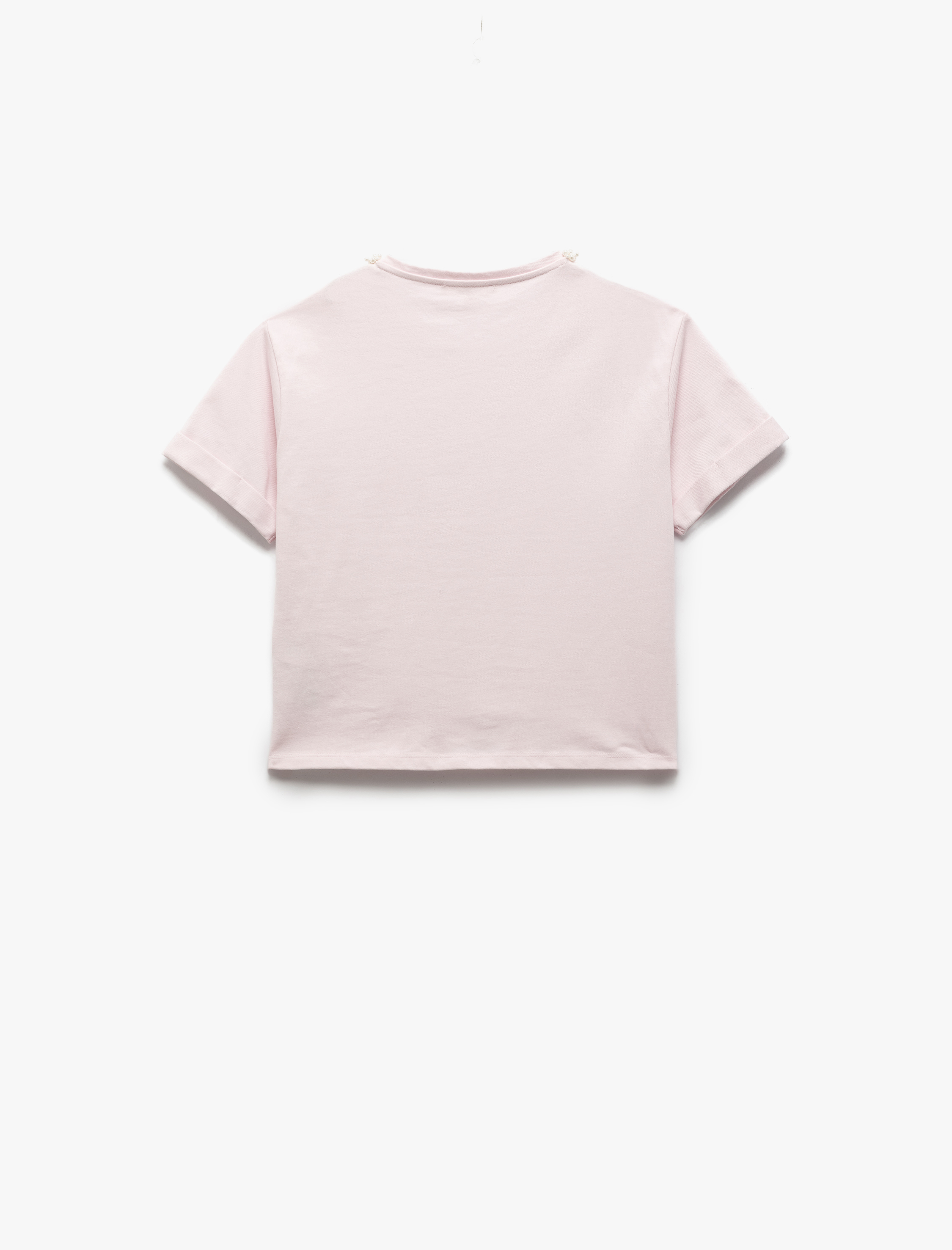   Rahat Kalıp Pamuklu İnci Detaylı Kısa Kollu Bisiklet Yaka Tişört