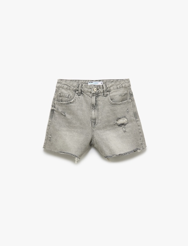 Yıpranmış Püsküllü Düğmeli Denim Şort_3