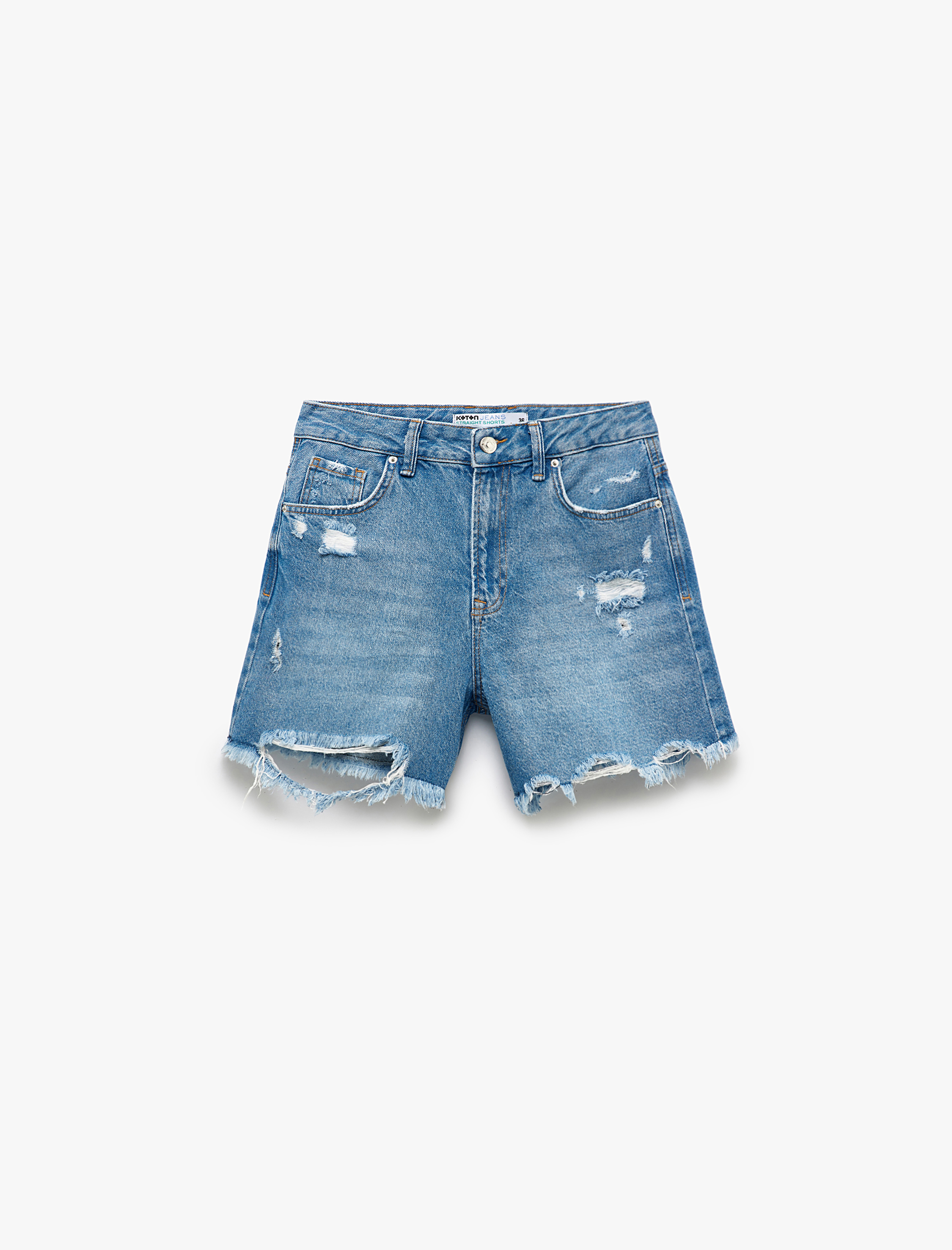   Yıpranmış Püsküllü Düğmeli Denim Şort