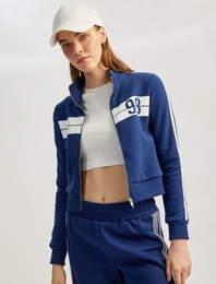 Şardonlu Kolej Baskılı Uzun Kollu Fermuarlı Crop Sweatshirt