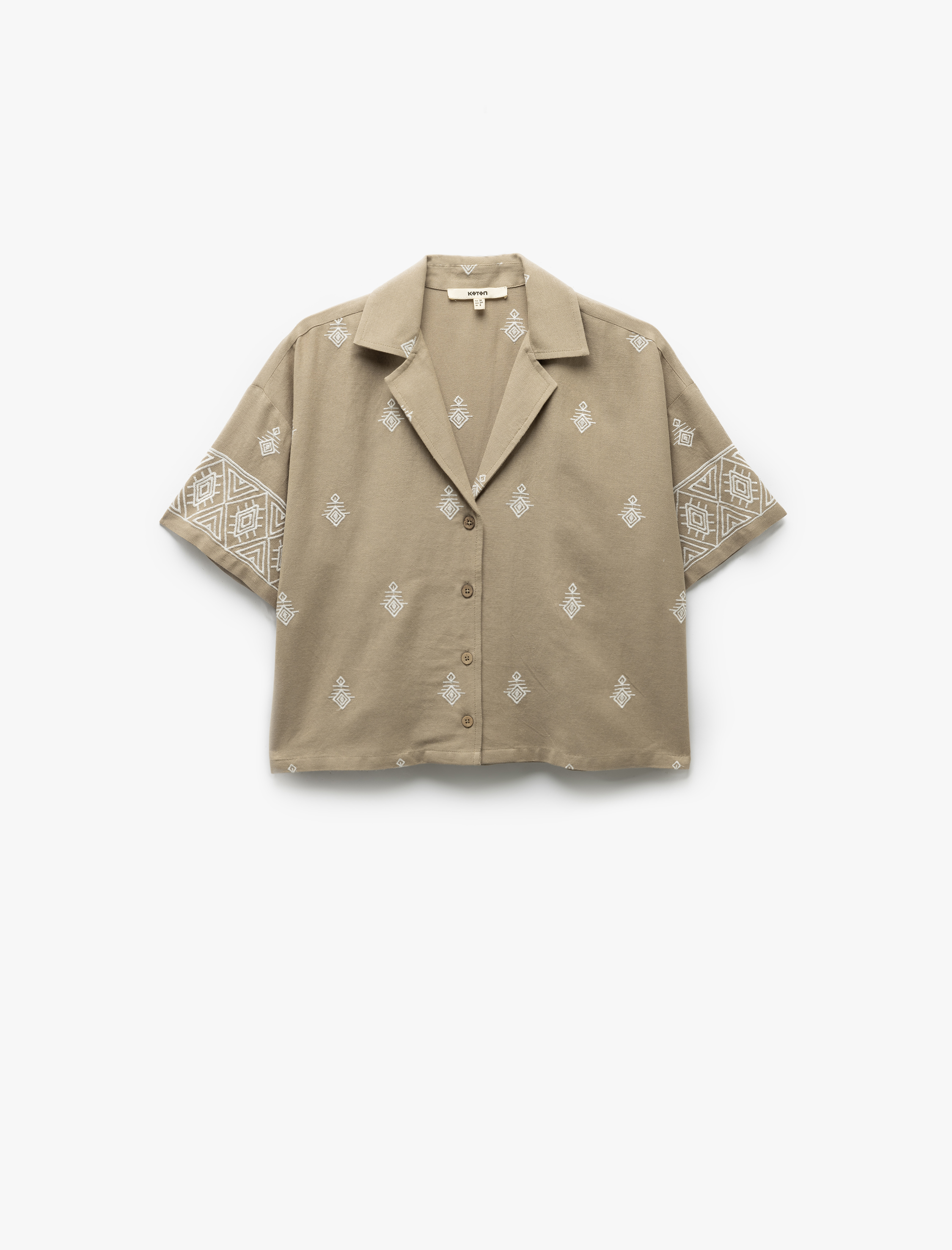   Viskon Etnik Desenli İşlemeli Kısa Kollu Oversize Crop Gömlek