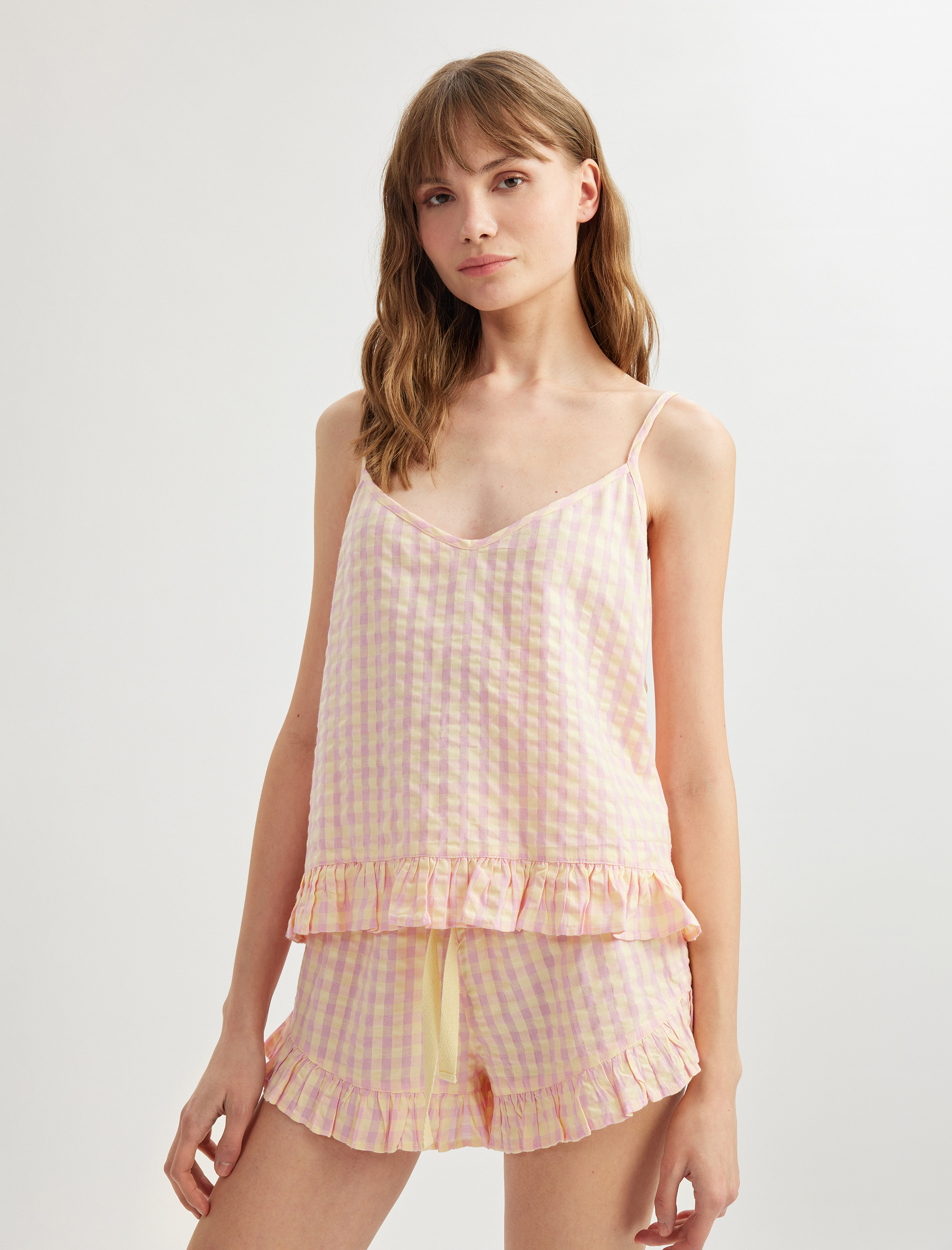   Bol Kalıp Beli Bağlamalı Pötikareli Fırfırlı Şort Pijama Altı