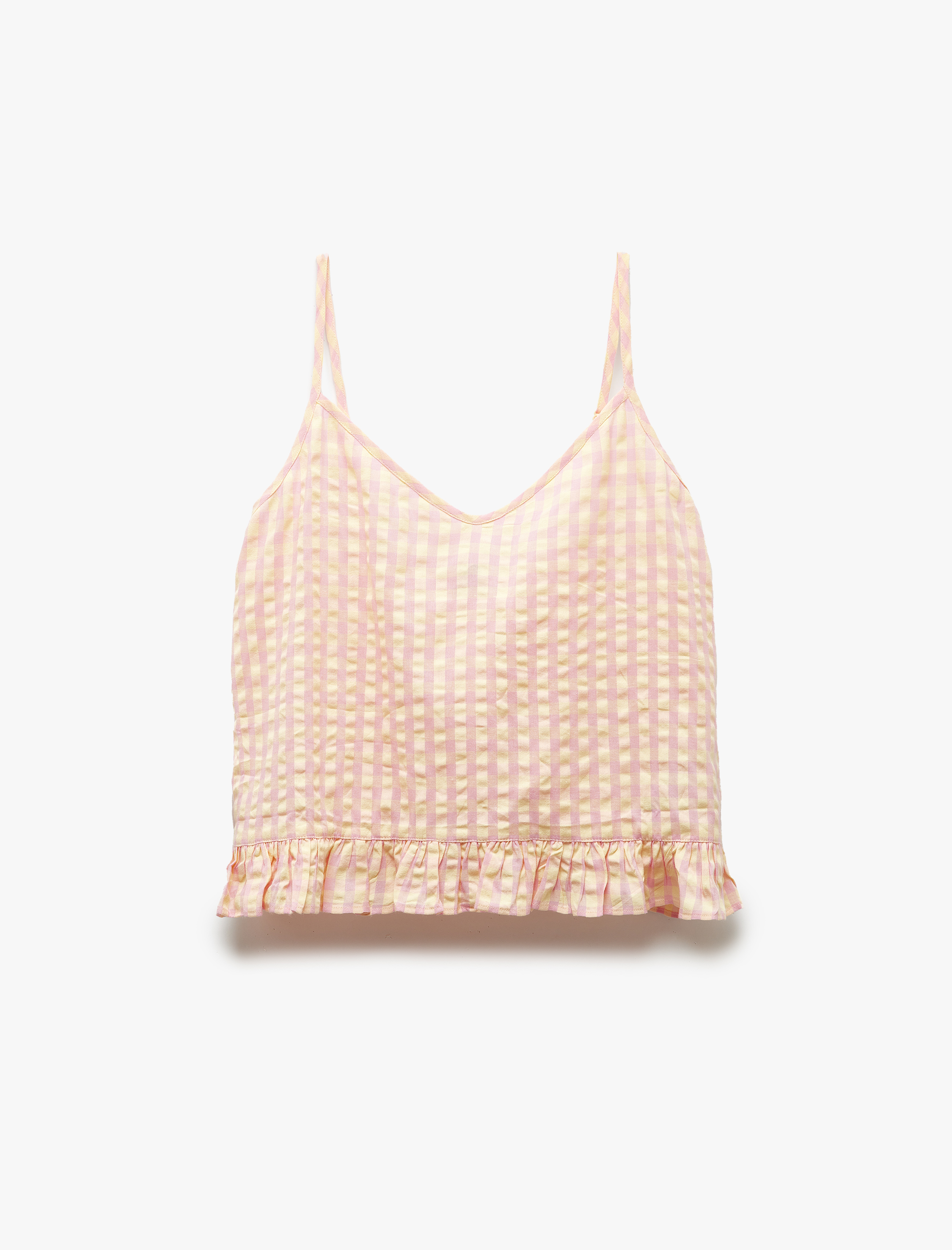   Rahat Kalıp V Yaka Pötikareli Askılı Fırfırlı Pijama Üstü