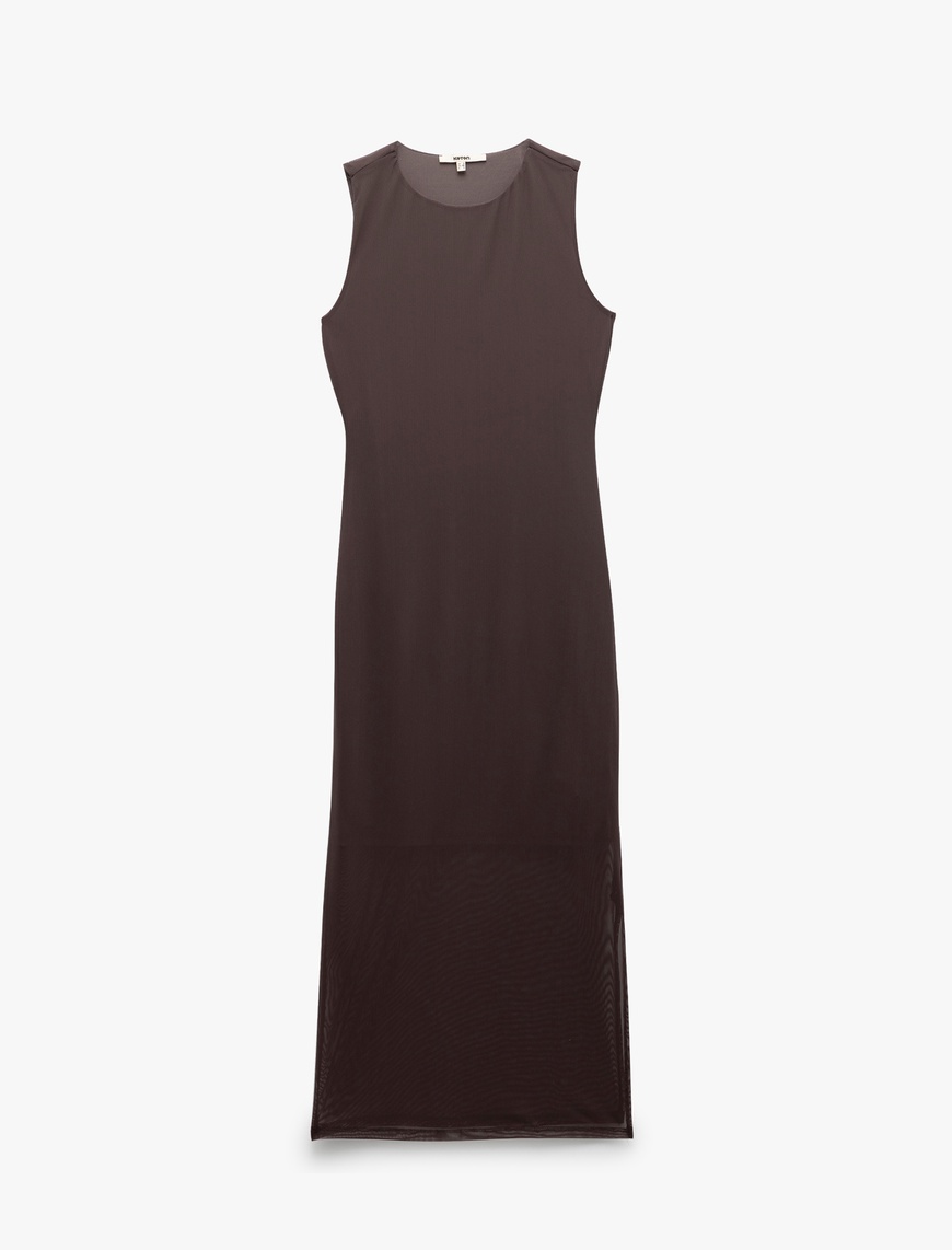   Yarım Astarlı Slim Fit Bisiklet Yaka Kolsuz Tül Midi Boy Elbise
