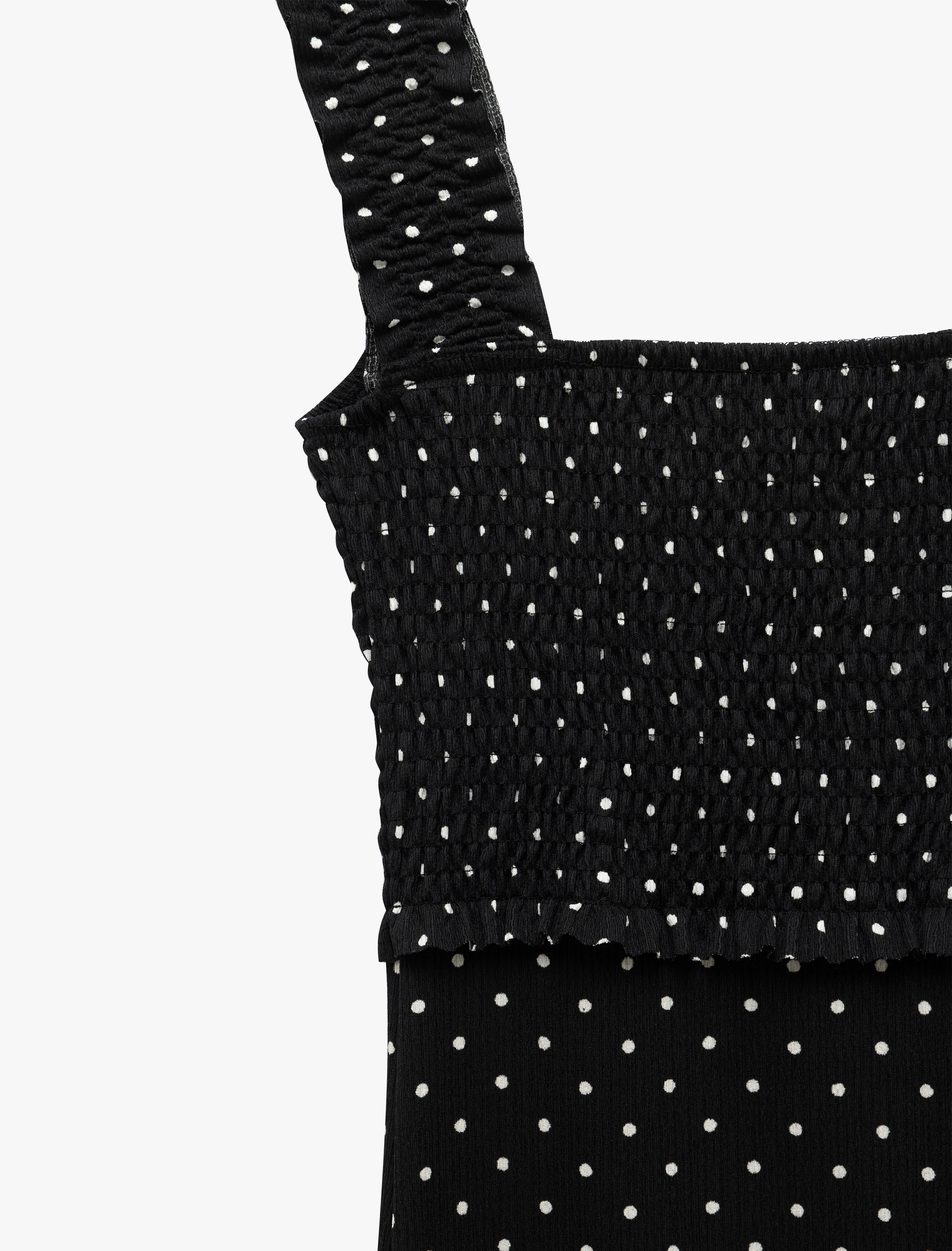   Kare Yaka Yırtmaç Detaylı Kalın Askılı Gipeli Puantiyeli Midi Elbise Bürümcük