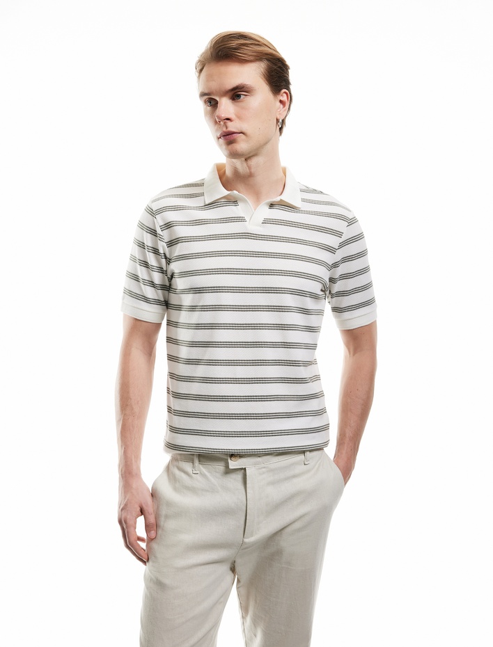  Kısa Kollu Pamuk Karışımlı Regular Fit Çizgili Polo Yaka Tişört