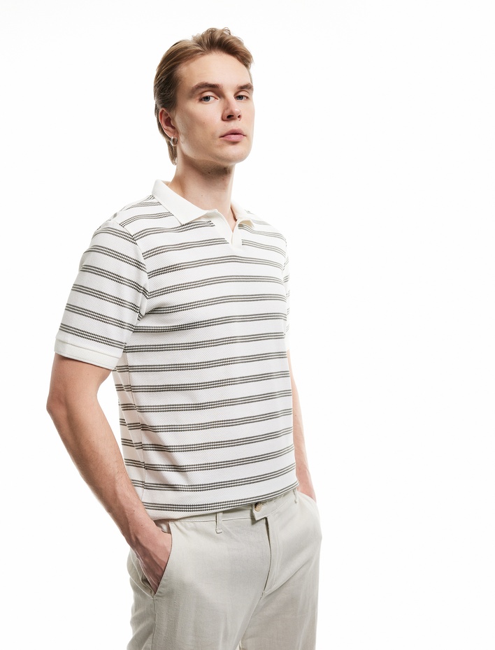  Kısa Kollu Pamuk Karışımlı Regular Fit Çizgili Polo Yaka Tişört
