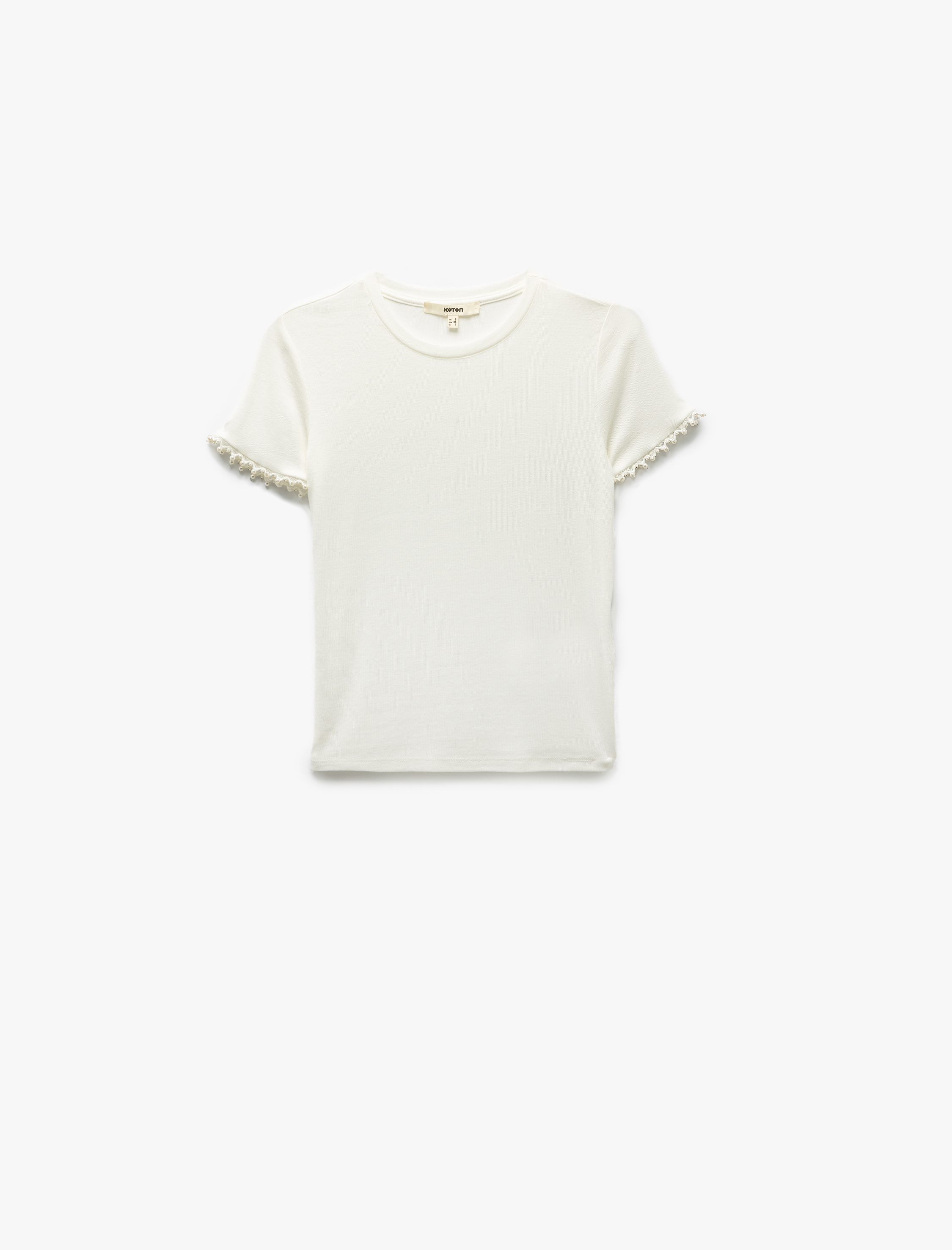   Boncuk Detaylı Slim Fit Kısa Kollu Bisiklet Yaka Viskon Tişört