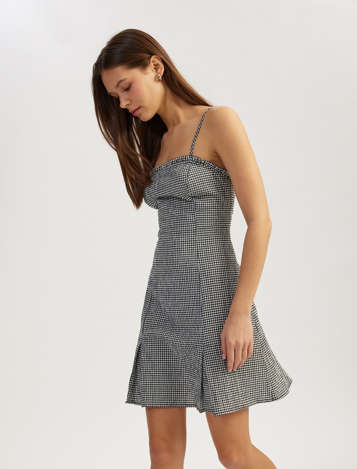  İnce Askılı Kolsuz Ekoseli Bodycon Mini Elbise