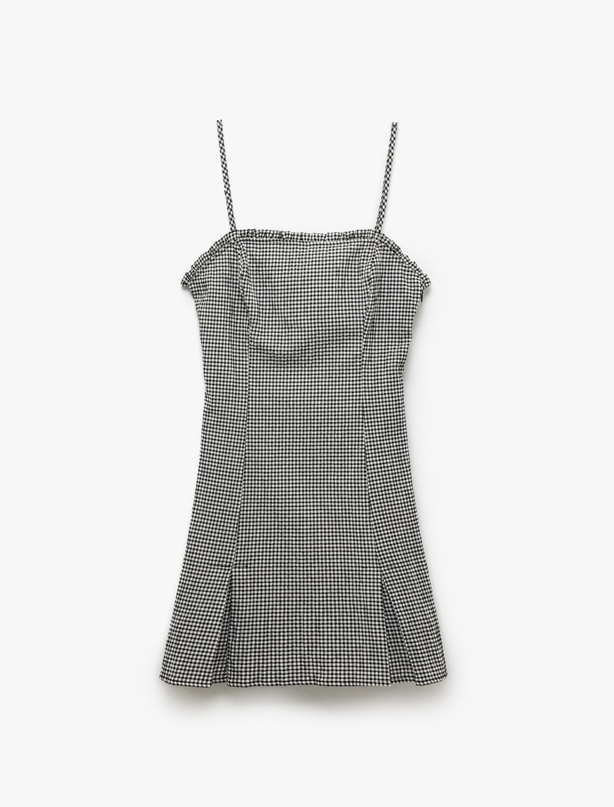   İnce Askılı Kolsuz Ekoseli Bodycon Mini Elbise