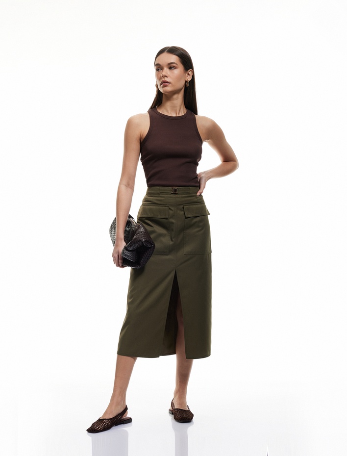  Gabardin Kumaş Slim Fit Kapaklı Cep Detaylı Yırtmaçlı Midi Kalem Etek